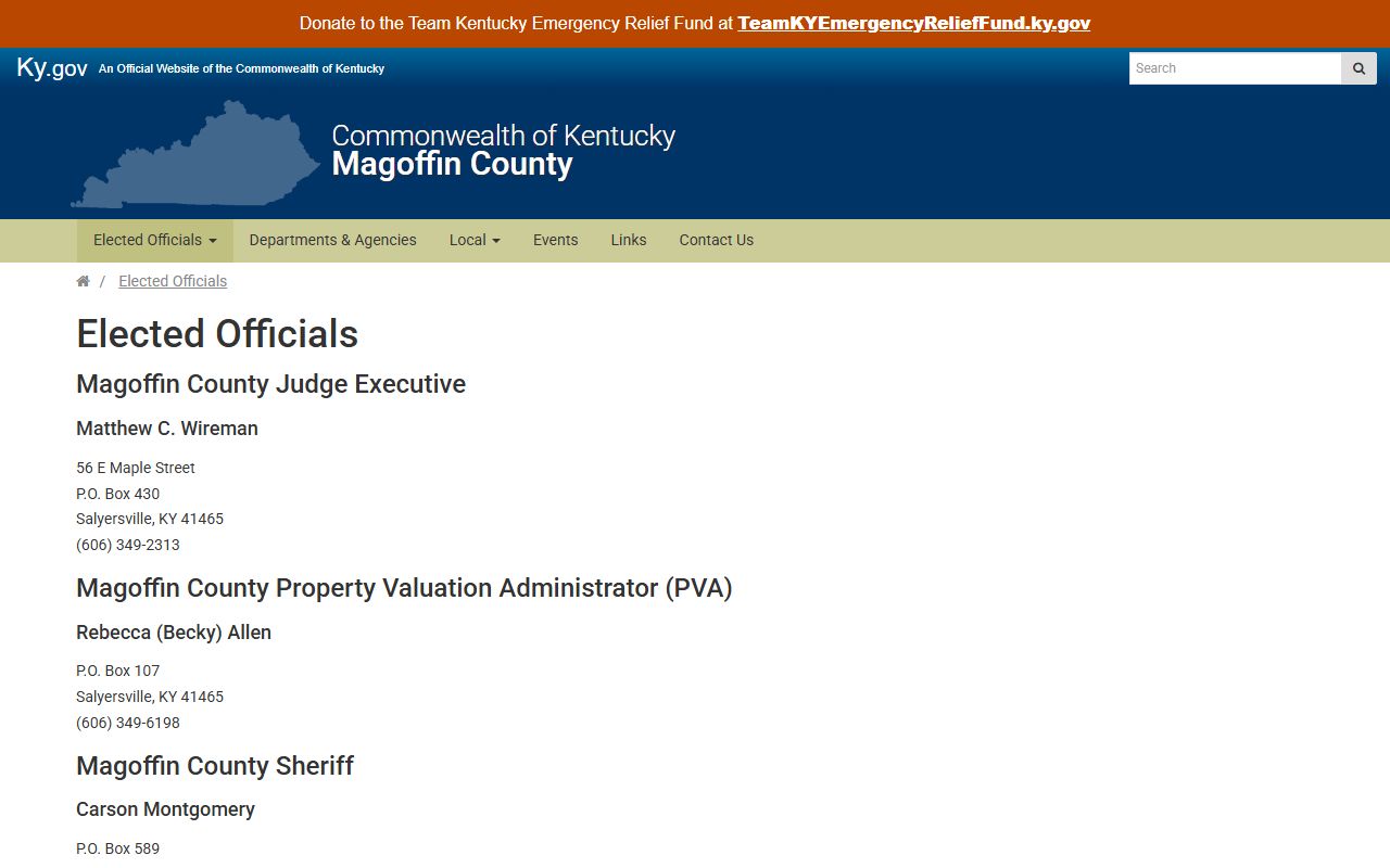 Magoffin County inmate population elected officials directory